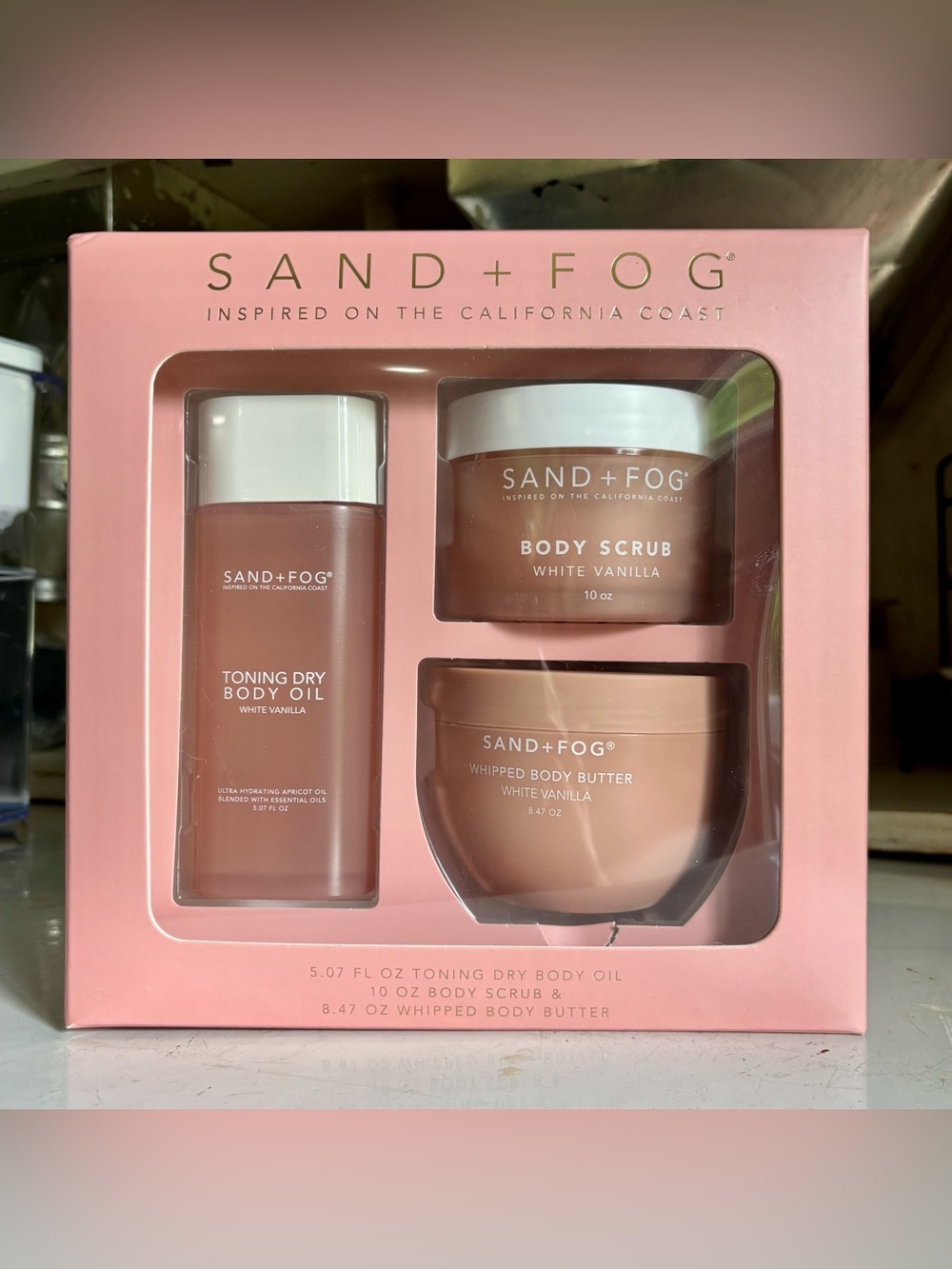 Sand + Fog White Vanilla 3-Pc Set Toning Dry Body Oil, Body Scrub, Body Butter